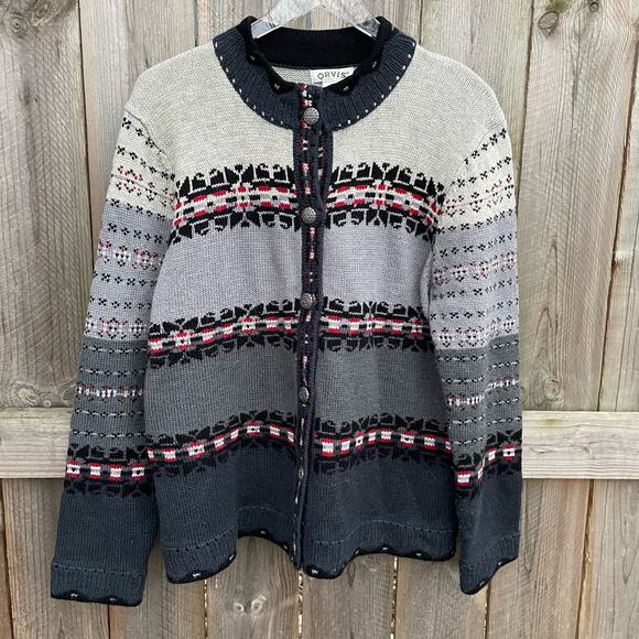 Orvis Caridgan Sweater Wool Blend Knit Button Front Fair Isle Gray Size Large - Picture 3 of 8
